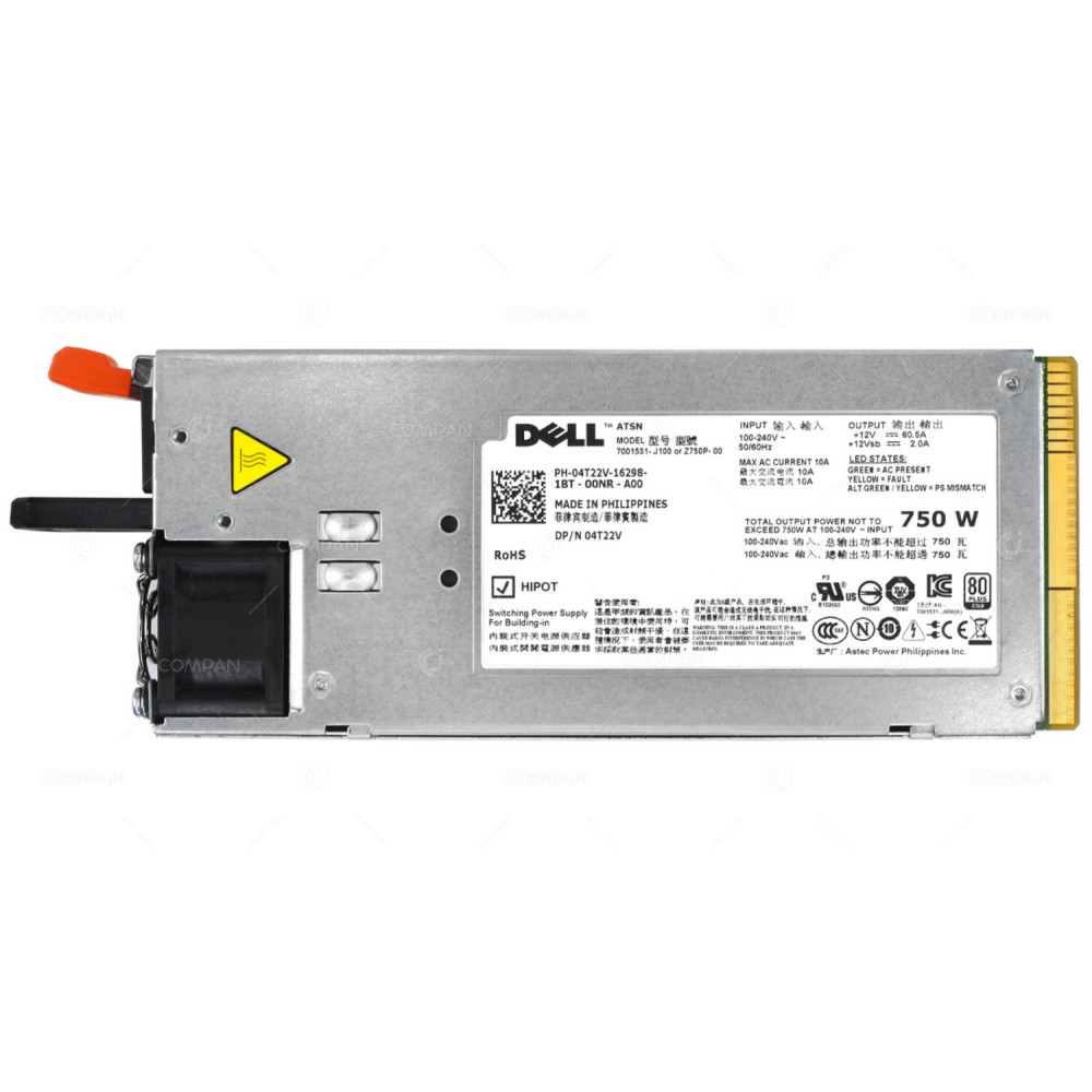 4T22V DELL 750W POWER SUPPLY 80 PLUS GOLD FOR DELL POWEREDGE R510